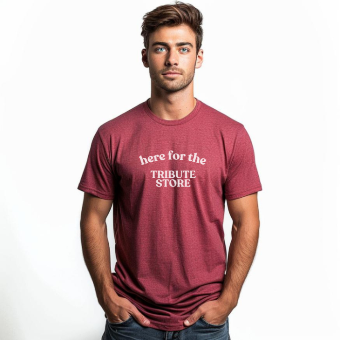 here for the tribute store, red t-shirt, universal studios